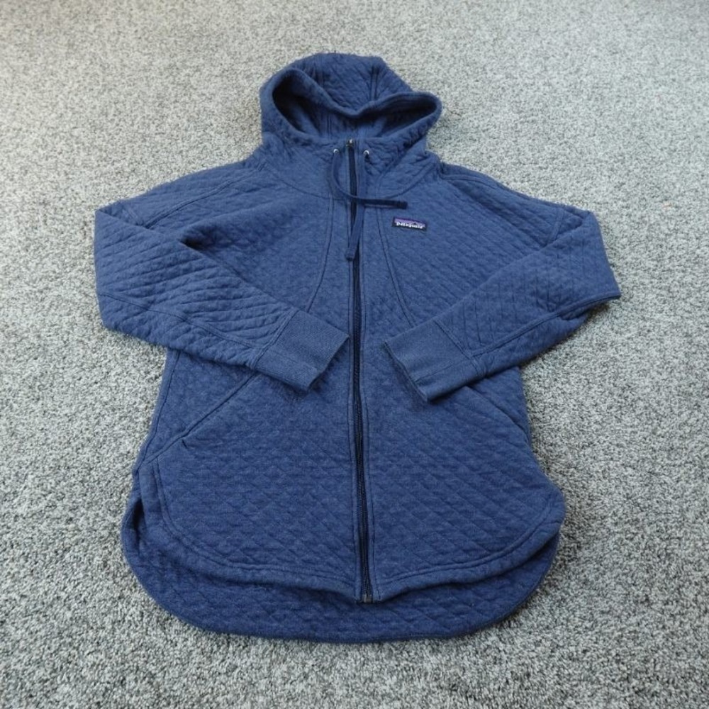 Patagonia Jacket Womens S Blue Organic Cotton Quilt Hoody Quilted Full Zip Hike - Picture 2 of 11